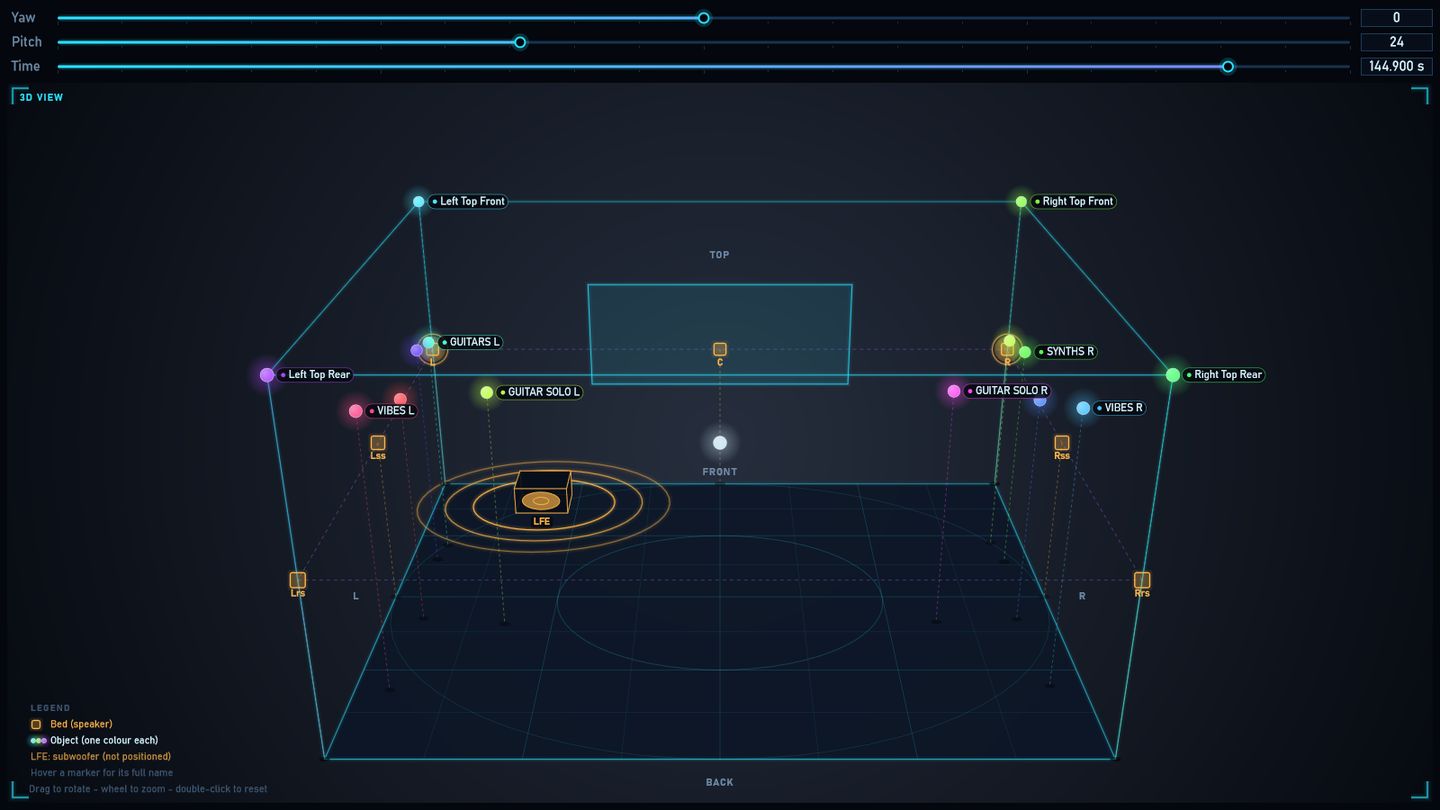 ADM Scope · 3D view · objects, bed and subwoofer